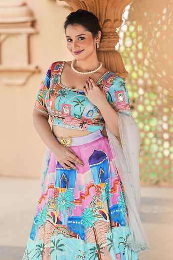 Buy_House Of Akshata_Multi Color Silk, Satin, Net Square Neck Rang Mahal Hand Embroidered Lehenga Set _Online_at_Aza_Fashions