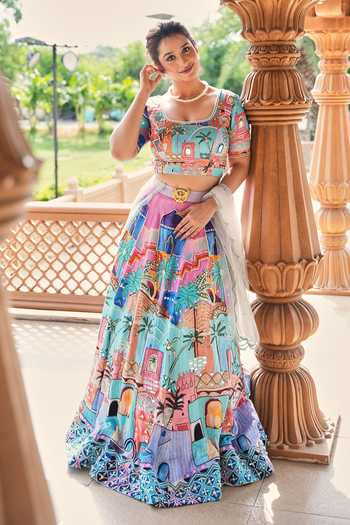 Shop_House Of Akshata_Multi Color Silk, Satin, Net Square Neck Rang Mahal Hand Embroidered Lehenga Set _at_Aza_Fashions