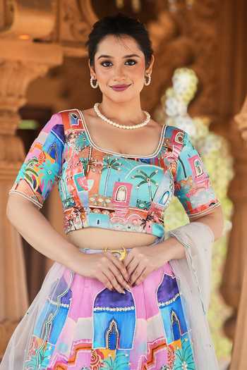 Shop_House Of Akshata_Multi Color Silk, Satin, Net Square Neck Rang Mahal Hand Embroidered Lehenga Set _Online_at_Aza_Fashions