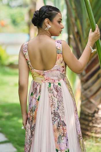 Shop_House Of Akshata_Pink Georgette, Satin, Bemberg Embroidery Scoop Neck Botanical Print Gown _at_Aza_Fashions