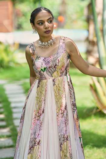 House Of Akshata_Pink Georgette, Satin, Bemberg Embroidery Scoop Neck Botanical Print Gown _Online_at_Aza_Fashions
