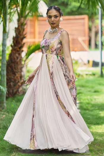 Buy_House Of Akshata_Pink Georgette, Satin, Bemberg Embroidery Scoop Neck Botanical Print Gown _Online_at_Aza_Fashions