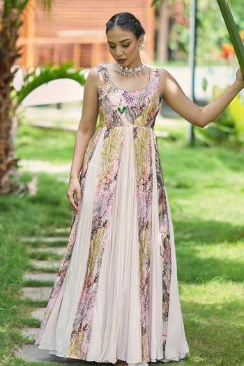 Buy_House Of Akshata_Pink Georgette, Satin, Bemberg Embroidery Scoop Neck Botanical Print Gown _at_Aza_Fashions