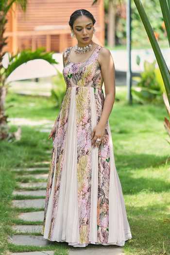 Shop_House Of Akshata_Pink Georgette, Satin, Bemberg Embroidery Scoop Neck Botanical Print Gown _Online_at_Aza_Fashions