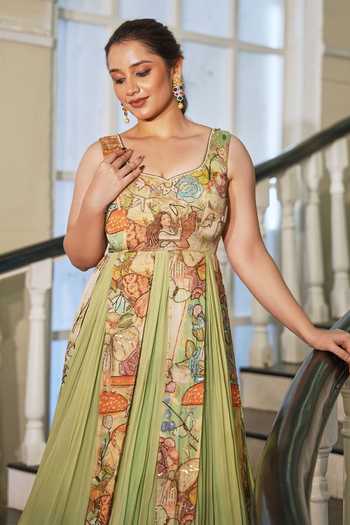House Of Akshata_Green Georgette, Satin Scoop Neck Verdant Whimsy Printed Gown _Online_at_Aza_Fashions