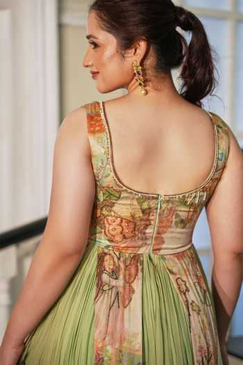 Shop_House Of Akshata_Green Georgette, Satin Scoop Neck Verdant Whimsy Printed Gown _at_Aza_Fashions