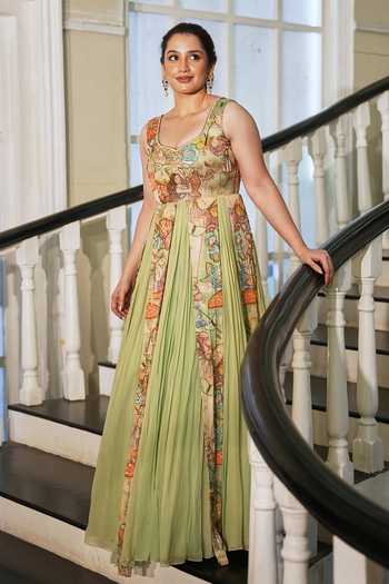 Buy_House Of Akshata_Green Georgette, Satin Scoop Neck Verdant Whimsy Printed Gown _at_Aza_Fashions