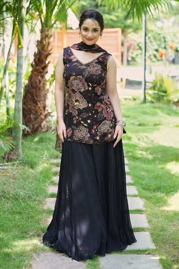 House Of Akshata_Black V-neck, Yes Bloom Embellished Kurta Sharara Set _at_Aza_Fashions