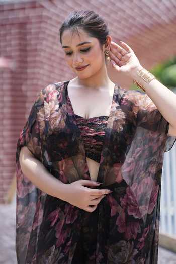 House Of Akshata_Black Georgette, Bemberg Sweetheart Neck Midnight Rose Printed Sharara Set _Online_at_Aza_Fashions