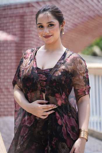 Buy_House Of Akshata_Black Georgette, Bemberg Sweetheart Neck Midnight Rose Printed Sharara Set _Online_at_Aza_Fashions