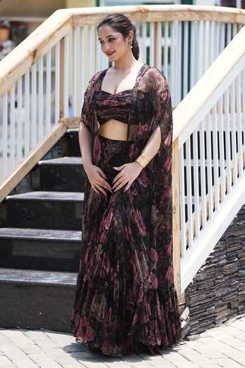 Shop_House Of Akshata_Black Georgette, Bemberg Sweetheart Neck Midnight Rose Printed Sharara Set _at_Aza_Fashions