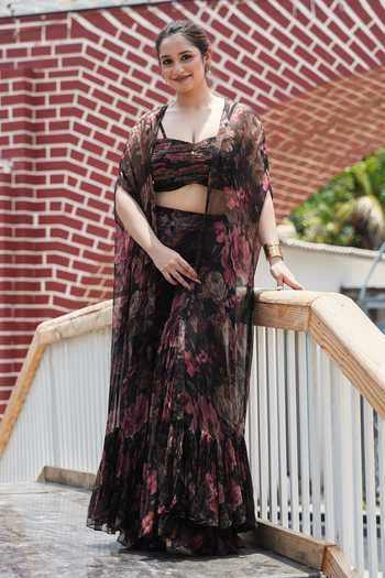 Buy_House Of Akshata_Black Georgette, Bemberg Sweetheart Neck Midnight Rose Printed Sharara Set _at_Aza_Fashions