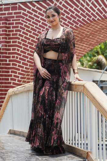 Shop_House Of Akshata_Black Georgette, Bemberg Sweetheart Neck Midnight Rose Printed Sharara Set _Online_at_Aza_Fashions