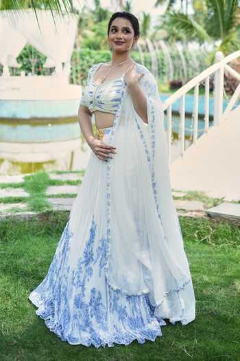 Shop_House Of Akshata_White Georgette Sweetheart Neck Azure Bloom Printed Lehenga Set _Online_at_Aza_Fashions
