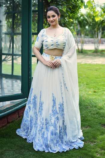 Shop_House Of Akshata_White Georgette Sweetheart Neck Azure Bloom Printed Lehenga Set _at_Aza_Fashions