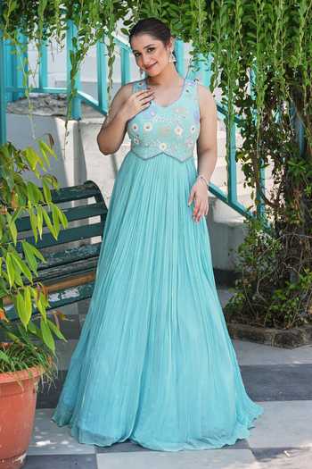 House Of Akshata_Blue Georgette Embroidery V-neck Celeste Bloom Embellished Gown _Online_at_Aza_Fashions