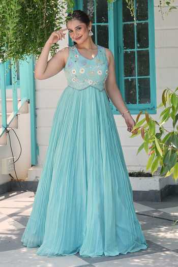 Buy_House Of Akshata_Blue Georgette Embroidery V-neck Celeste Bloom Embellished Gown _at_Aza_Fashions