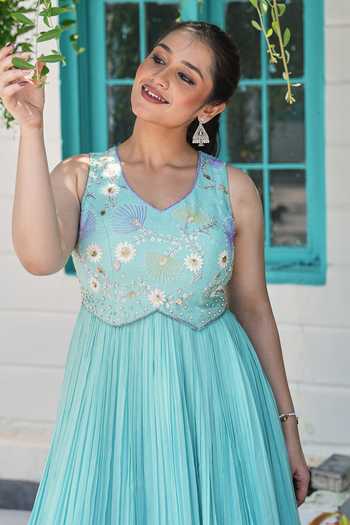 Buy_House Of Akshata_Blue Georgette Embroidery V-neck Celeste Bloom Embellished Gown _Online_at_Aza_Fashions