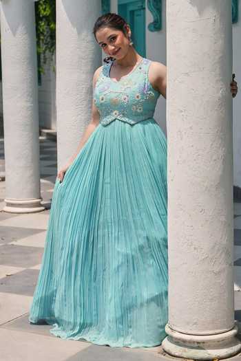 Shop_House Of Akshata_Blue Georgette Embroidery V-neck Celeste Bloom Embellished Gown _Online_at_Aza_Fashions
