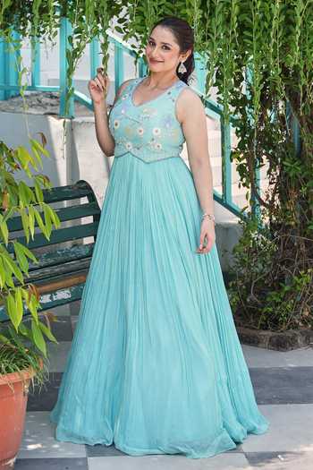 Shop_House Of Akshata_Blue Georgette Embroidery V-neck Celeste Bloom Embellished Gown _at_Aza_Fashions
