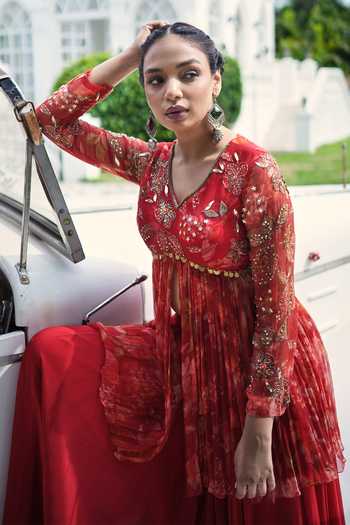House Of Akshata_Red Organza, Georgette, Bemberg V-neck Crimson Grace Peplum Top And Sharara Set _Online_at_Aza_Fashions