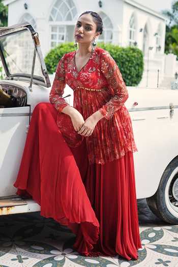 Shop_House Of Akshata_Red Organza, Georgette, Bemberg V-neck Crimson Grace Peplum Top And Sharara Set _at_Aza_Fashions