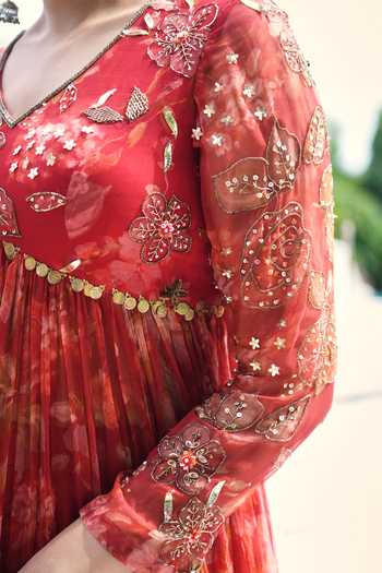 Shop_House Of Akshata_Red Organza, Georgette, Bemberg V-neck Crimson Grace Peplum Top And Sharara Set _Online_at_Aza_Fashions