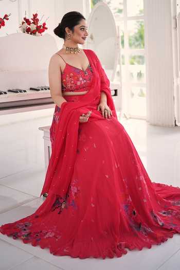 House Of Akshata_Red Organza, Georgette Sweetheart Neck Ruby Blossom Embellished Lehenga Set _Online_at_Aza_Fashions