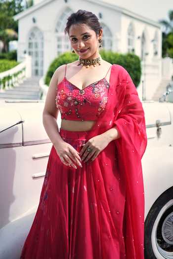 Shop_House Of Akshata_Red Organza, Georgette Sweetheart Neck Ruby Blossom Embellished Lehenga Set _at_Aza_Fashions