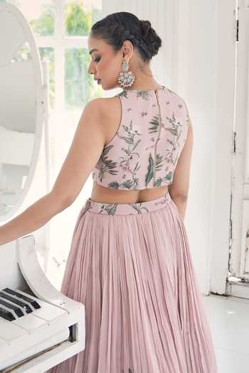 Shop_House Of Akshata_Pink Georgette High Neck Botanica Embellished Lehenga And Blouse Set _at_Aza_Fashions