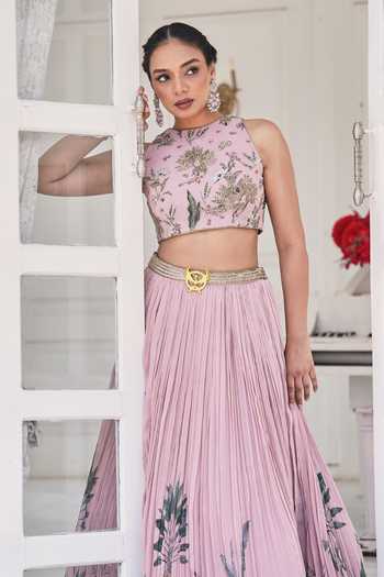 House Of Akshata_Pink Georgette High Neck Botanica Embellished Lehenga And Blouse Set _Online_at_Aza_Fashions