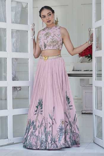 Buy_House Of Akshata_Pink Georgette High Neck Botanica Embellished Lehenga And Blouse Set _at_Aza_Fashions