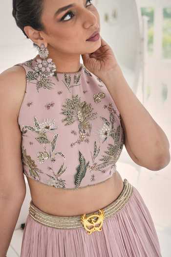 Buy_House Of Akshata_Pink Georgette High Neck Botanica Embellished Lehenga And Blouse Set _Online_at_Aza_Fashions