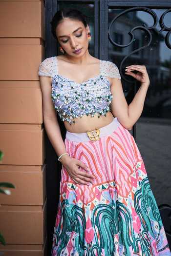 House Of Akshata_Multi Color Silk, Satin, Net Sweetheart Carnival Bloom Embroidered Lehenga Set _Online_at_Aza_Fashions