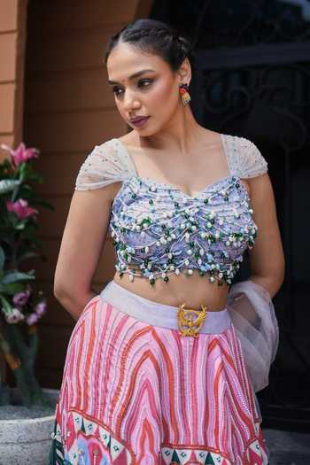 Buy_House Of Akshata_Multi Color Silk, Satin, Net Sweetheart Carnival Bloom Embroidered Lehenga Set _Online_at_Aza_Fashions