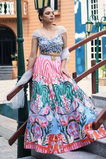 Shop_House Of Akshata_Multi Color Silk, Satin, Net Sweetheart Carnival Bloom Embroidered Lehenga Set _at_Aza_Fashions