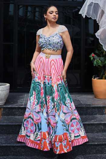 House Of Akshata_Multi Color Silk, Satin, Net Sweetheart Carnival Bloom Embroidered Lehenga Set _at_Aza_Fashions