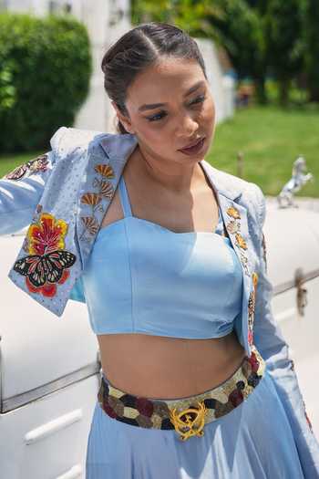 House Of Akshata_Sky Blue Bemberg, Satin Open Neck, Square Bloom Embroidered Jacket Lehenga Set _Online_at_Aza_Fashions