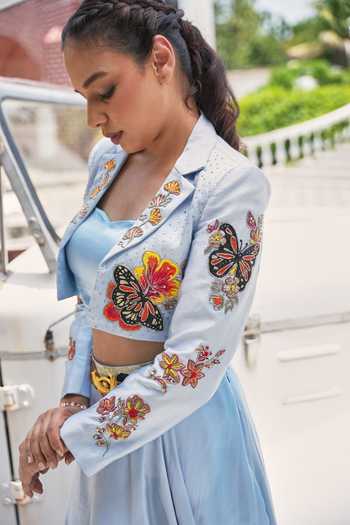 Shop_House Of Akshata_Sky Blue Bemberg, Satin Open Neck, Square Bloom Embroidered Jacket Lehenga Set _Online_at_Aza_Fashions
