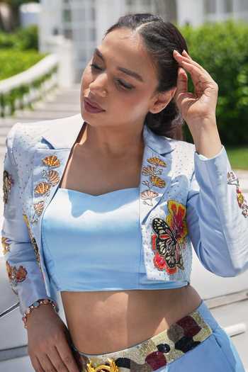 Shop_House Of Akshata_Sky Blue Bemberg, Satin Open Neck, Square Bloom Embroidered Jacket Lehenga Set _at_Aza_Fashions