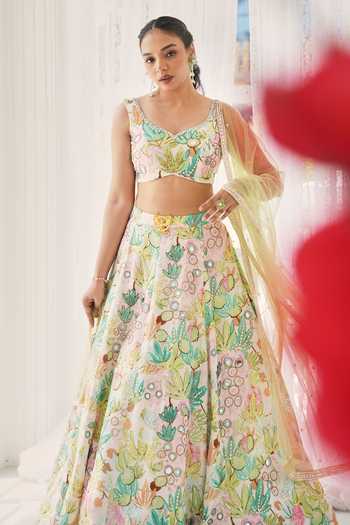 House Of Akshata_Green Organza, Satin Pastel Bloom Printed Lehenga Set _Online_at_Aza_Fashions