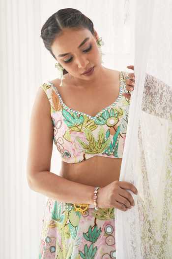 Buy_House Of Akshata_Green Organza, Satin Pastel Bloom Printed Lehenga Set _Online_at_Aza_Fashions