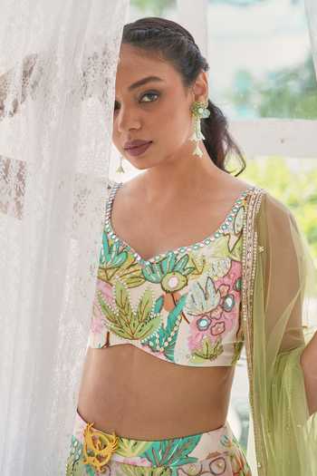 Shop_House Of Akshata_Green Organza, Satin Pastel Bloom Printed Lehenga Set _Online_at_Aza_Fashions