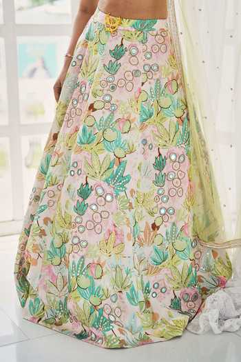 House Of Akshata_Green Organza, Satin Pastel Bloom Printed Lehenga Set _at_Aza_Fashions