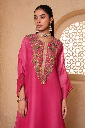 Label Niti Bothra_Pink Silk, Organza, Tencel Split V-neck, Yes Mehrang Kaftan Kurta And Pant Set _Online_at_Aza_Fashions