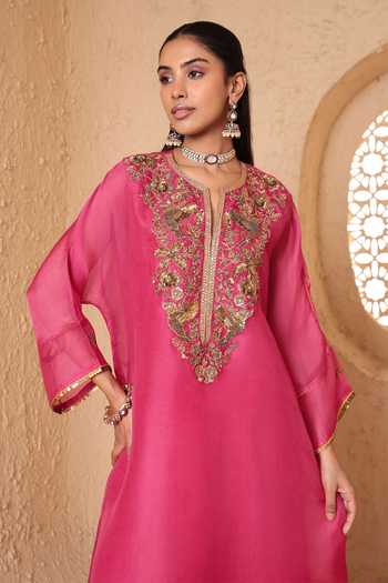Buy_Label Niti Bothra_Pink Silk, Organza, Tencel Split V-neck, Yes Mehrang Kaftan Kurta And Pant Set _Online_at_Aza_Fashions