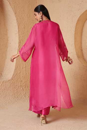 Shop_Label Niti Bothra_Pink Silk, Organza, Tencel Split V-neck, Yes Mehrang Kaftan Kurta And Pant Set _at_Aza_Fashions