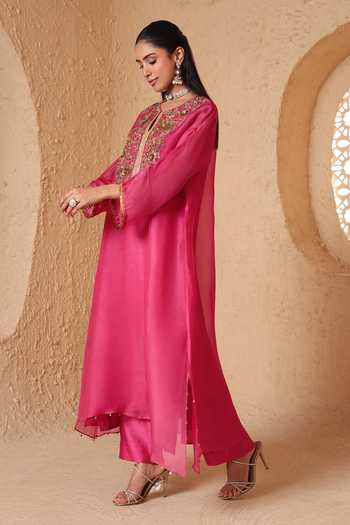 Shop_Label Niti Bothra_Pink Silk, Organza, Tencel Split V-neck, Yes Mehrang Kaftan Kurta And Pant Set _Online_at_Aza_Fashions