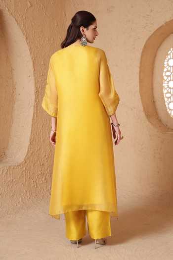 Shop_Label Niti Bothra_Yellow Silk, Organza, Tencel Round Neck Mehrang Kaftan Kurta And Pant Set _at_Aza_Fashions
