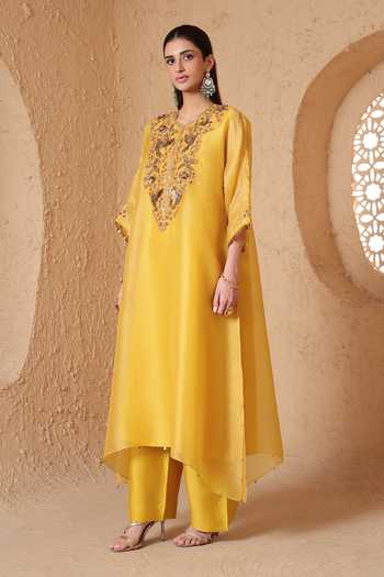 Label Niti Bothra_Yellow Silk, Organza, Tencel Round Neck Mehrang Kaftan Kurta And Pant Set _Online_at_Aza_Fashions